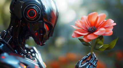 Poster - A humanoid robot delicately holds a vibrant flower, reflecting on the beauty of nature in an inviting garden during a sunny day.