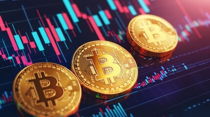 Poster - Bitcoin cryptocurrency pile of coins on a reflective surface with digital background and circuit patterns