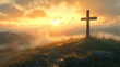 © Rottchoo - A wooden cross standing on a green hill at sunrise, with golden light shining through the clouds.