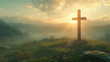 © Rottchoo - A wooden cross standing on a green hill at sunrise, with golden light shining through the clouds.
