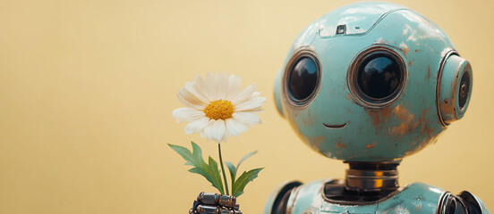 Poster - A joyful humanoid robot holds a daisy, symbolizing the harmony of technology and nature in a peaceful setting.