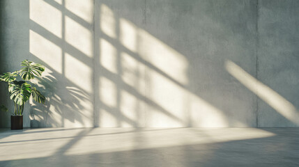 Poster - Sunlit concrete wall background with indoor plant and shadow play for modern design