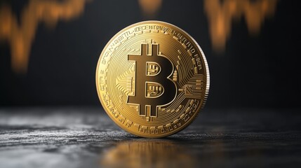 Poster - Bitcoin coin on table with financial graph background showing market trends and investment analysis