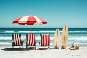 Wall Mural - A beach scene with four red and white striped chairs, an umbrella, two surfboards leaning against the chairs in front of them, and a small sandcastle on the shore. The background is a clear blue sky