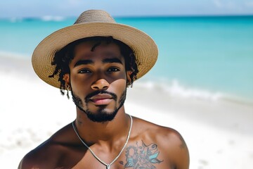Wall Mural - A handsome Black man with facial hair and brown eyes, wearing a bucket hat, sits on a beach in front of white sand and crystal-clear water