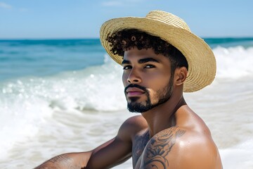 Wall Mural - A handsome Black man with facial hair and brown eyes, wearing a bucket hat, sits on a beach in front of white sand and crystal-clear water