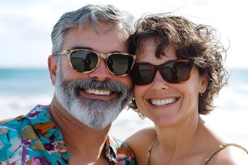 Wall Mural - A middle-aged man and woman are smiling at the camera, both wearing sunglasses in an outdoor beach setting