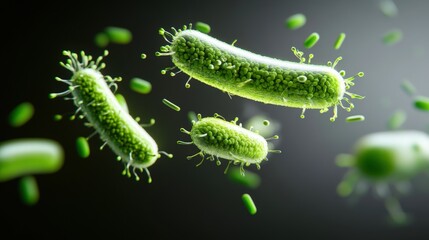 Poster - microscopic close-up of a cluster of green bacteria under a microscope in a laboratory setting