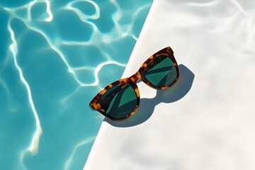 Wall Mural - A pair of sunglasses resting on the edge of an in-ground pool. The frame is made from thick tortoiseshell material and has dark green lenses