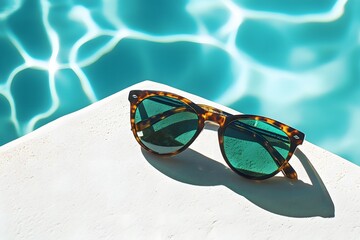 Wall Mural - A pair of sunglasses resting on the edge of an in-ground pool. The frame is made from thick tortoiseshell material and has dark green lenses