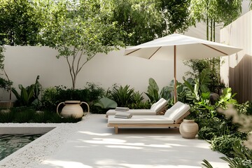 Wall Mural - The backyard garden with an umbrella and lounge chairs around a pool, using natural light and a beige color palette. The style is modern farmhouse, with minimalistic design elements