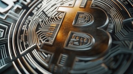 Poster - Bitcoin logo on a physical bitcoin cryptocurrency coin with digital patterns and background