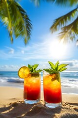 Wall Mural - A tropical cocktail in two glasses, placed on the sand of an exotic beach with palm trees and waves crashing onto the shore