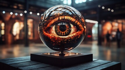Poster - Sphere with an eye inside surrounded by creative photo elements on a neutral background