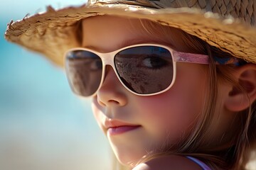 Wall Mural - A little girl wearing sunglasses and a straw hat is enjoying the sun at an exotic beach, looking up with a happy expression on her face. The clear blue water of the crystal-clear waters