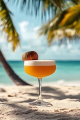 Wall Mural - An inviting scene of the iconic cocktail, placed on a tropical beach with palm trees and crystal-clear water in the background