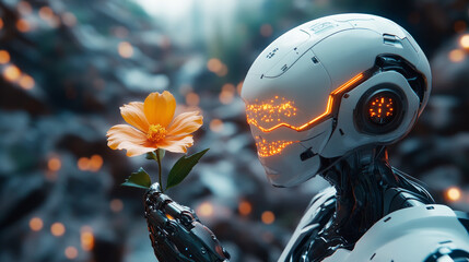 Poster - A humanoid robot stands amidst a tranquil setting, gently holding a vibrant flower, symbolizing harmony and the connection between technology and nature.