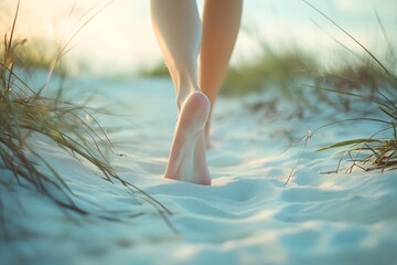 Wall Mural - A close-up of the woman's feet walking on white sand in a beach, with her dress and legs slightly visible behind her