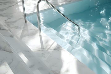 Wall Mural - Low-angle close-up photograph of an in-ground swimming pool with white marble pavers around the edge, light blue water, and a silver handrail