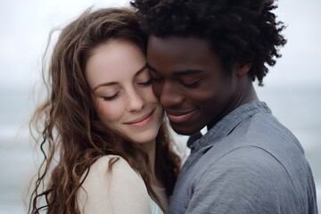 Wall Mural - A photograph of a happy, smiling Black man and a White woman on the beach. He is holding her face in his hands, and they are gazing at each other with a romantic mood