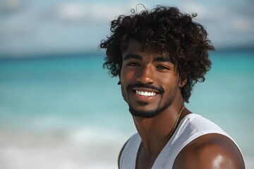 Wall Mural - A Black man with curly hair, wearing a gray shirt and white tank top