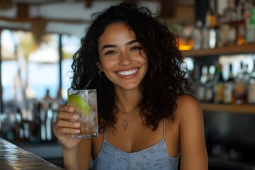 Wall Mural - Portrait of a beautiful woman with curly hair, smiling and holding a drink at a bar counter in a restaurant on a beach