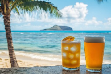 Wall Mural - Two drinks on the beach, one with orange juice and ice cubes in it and another with beer. The background is an ocean view with palm trees