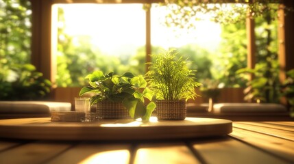 Poster - Table with a pot of green plants and a photo frame on a wooden surface
