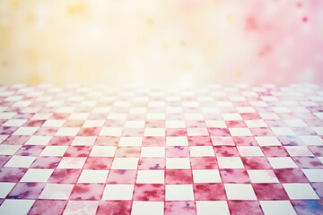 Poster - Watercolor Wonderland: Pink and white checkered floor stretches to a dreamy, blurred pastel background.  A soft, romantic scene.