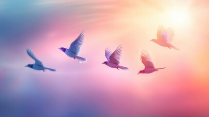 Poster - Colorful birds flying through a bright sky during sunset in a tranquil setting. Generative AI