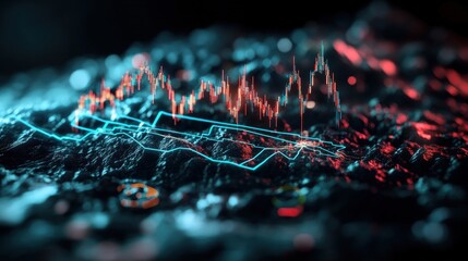 Poster - Stock market chart with red and blue arrows indicating upward and downward trends with photo background