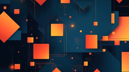Poster - Abstract geometric shapes, dark background, glowing orange squares, technology concept, website banner