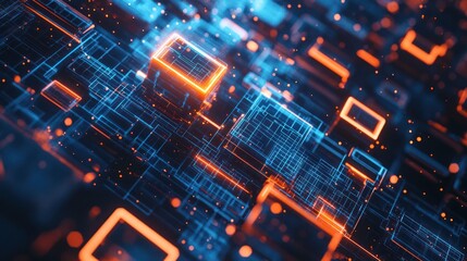 Poster - Abstract digital network, glowing cubes, data flow, technology background; website header