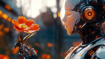 Poster - A cyborg stands in a beautifully lit setting, gently holding a bright flower. This moment captures the blend of technology and emotion, reflecting feelings of love and humanity in a robotic form.
