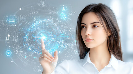 Poster - Innovative technology interaction by woman in modern office digital environment futuristic concept