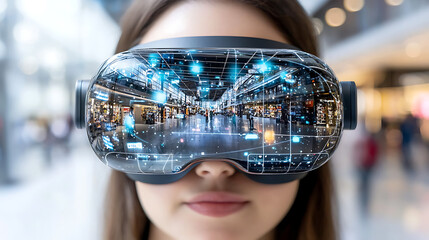 Poster - Exploring virtual reality technology modern shopping mall digital experience urban environment close-up view innovation in retail