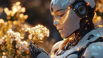 Poster - In a serene garden filled with blooming flowers, a cyborg stands still, gently cradling a delicate bouquet. Its eyes reflect deep emotions, showcasing the bond between technology and humanity.