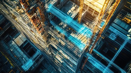 Poster - Aerial view of futuristic city construction, digital data streams, glowing lines, technological progress