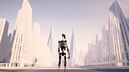 Poster - A solitary robot navigates a sprawling, minimalist city filled with towering skyscrapers and empty streets. The scene reflects themes of loneliness and isolation in a futuristic setting.
