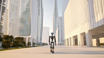 Aufkleber - A robot walks alone through a sleek, modern city filled with towering glass buildings. The setting captures the essence of futurism and evokes feelings of loneliness in an advanced world.