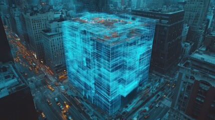 Poster - Futuristic city building, data streams, night view, urban landscape, tech concept