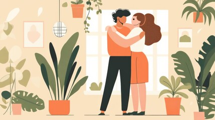 Poster - Couple embraces in a cozy indoor space surrounded by plants during a sunny afternoon. Generative AI
