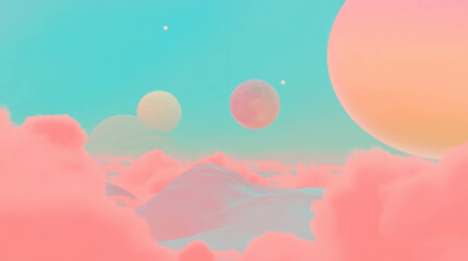 Poster - Dreamy pastel landscape of floating moons and soft clouds in sky