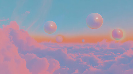 Poster - Dreamy pastel sky with multiple suns and fluffy clouds - surreal landscape for creative design