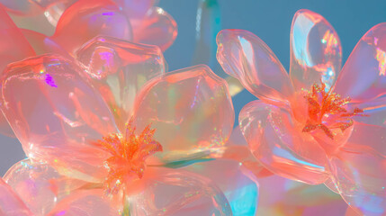 Poster - Glittering plastic cutout flowers background with colorful reflections