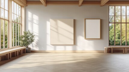 Poster - Spacious room with large window showcasing an expansive view and decorative wall art photograph