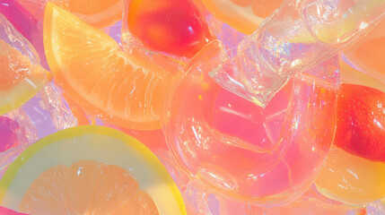 Aufkleber - Vibrant background with plastic cutout fruits and translucent elements for creative design