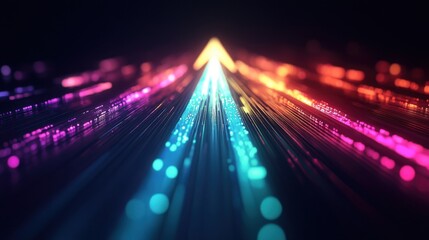 Poster - A sleek arrow pointing up created by glowing beams in multiple vibrant colors giving a fast and energetic visual impression on a dark background. Futuristic digital with a dynamic