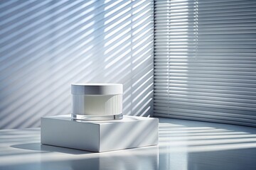Poster - Elegant Cosmetic Product Presentation: White Pedestal, Window Blinds, Tilt-Shift Studio Photo