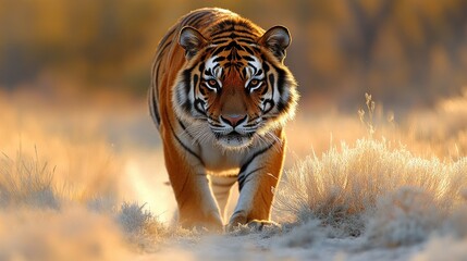  Majestic tiger walking towards camera in golden light.